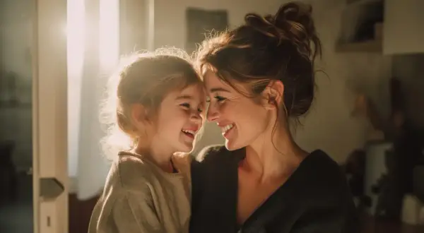 Uśmiechnięta mama i córka, przykład osoby samotnie wychowującej dziecko, cieszą się chwilą bliskości.