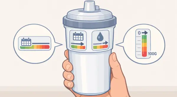 Main d'une personne tenant un filtre cto. Des bulles indiquent l'état du filtre : calendrier, goutte d'eau et jauge de 100g.