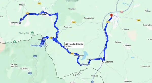 Mapa drogowa Dolnego Śląska z zaznaczoną trasą motocyklową, obejmującą Karpacz, Kowary i Lubawkę.