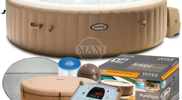 Nadmuchiwane jacuzzi Intex Pure Spa z akcesoriami: pompą, filtrem i pokrywą. Idealne do relaksu w ogrodzie.