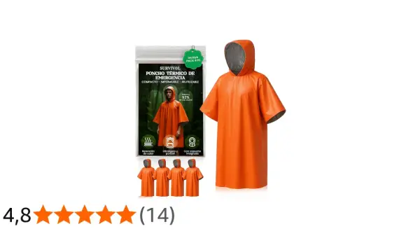 Poncho de supervivencia naranja, térmico y reutilizable. Ideal para emergencias, compacto, impermeable y con capucha.