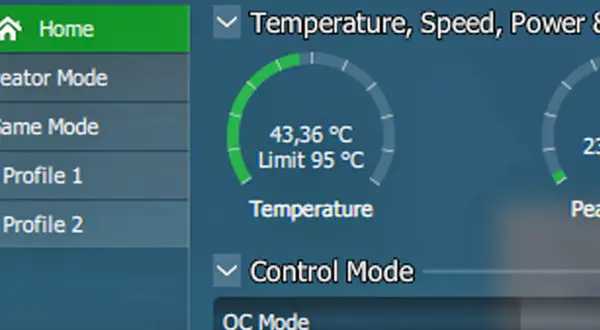 Ryzen Master pokazuje, ile stopni powinien mieć procesor. Aktualna temperatura to 43,36°C, limit 95°C.