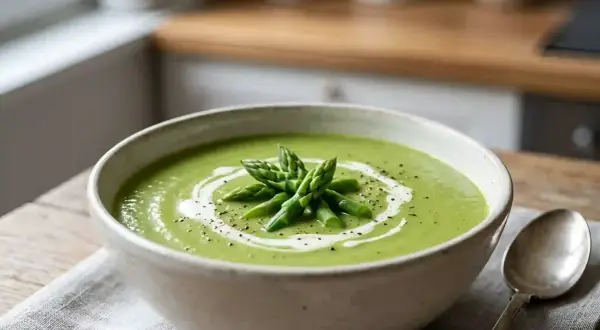 Un bol de velouté d'asperges crémeux, garni de pointes d'asperges fraîches et d'un filet de crème. Un délice printanier.