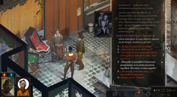 Gra Disco Elysium spolszczenie. Lena siedzi na wózku, rozmawia z detektywem.