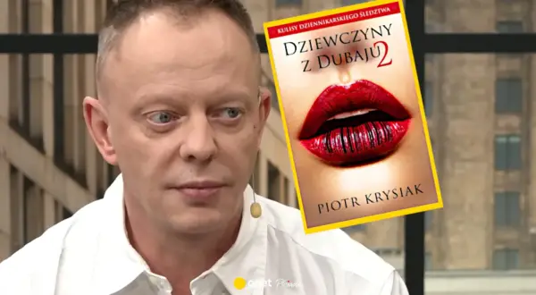 Mężczyzna w białej koszuli obok okładki książki "Dziewczyny z Dubaju 2".