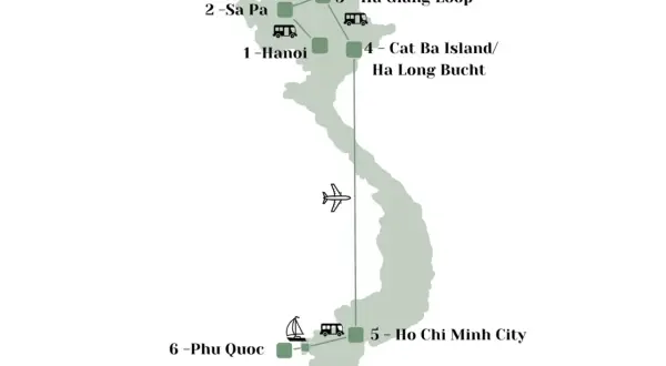 Route einer 3-wöchigen Vietnam Rundreise: Hanoi, Sa Pa, Ha Giang Loop, Cat Ba Island/Ha Long Bucht, Ho Chi Minh City & Phu Quoc.