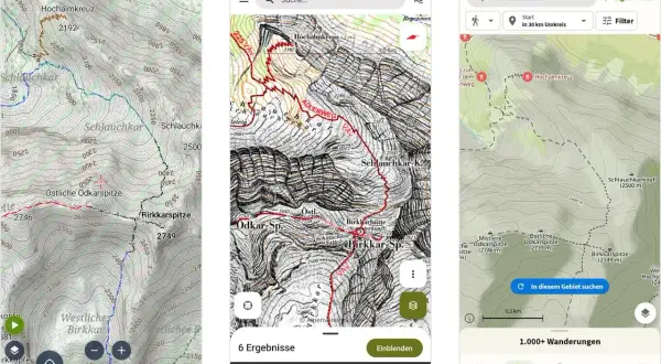 Eine Wander-App zeigt detaillierte Karten mit Höhenlinien und markierten Routen für Touren wie die Östliche Ödkarspitze.