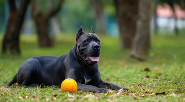 Potężny cane corso leży na trawie obok pomarańczowej piłki, gotowy do zabawy w parku.