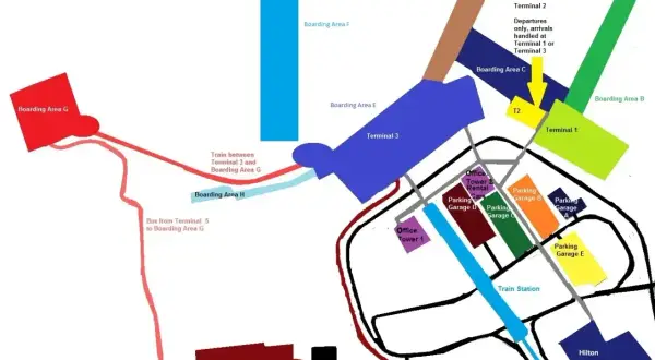 Schemat lotniska Fiumicino: terminale 1, 2, 3, 5, parkingi, stacja kolejowa, Hilton, połączenia autobusowe i kolejowe.
