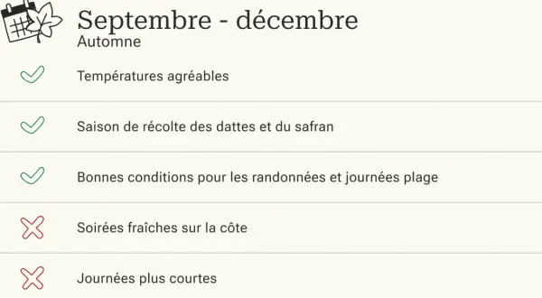 Septembre-décembre : parfait pour un trek Maroc avec températures agréables, récolte de dattes et safran, et bonnes conditions pour randonnées et plage.