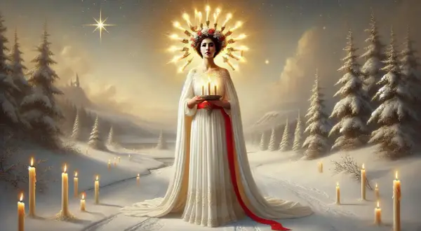 Lucia von Syrakus, gekrönt mit Kerzen, trägt Licht durch eine verschneite Winterlandschaft.