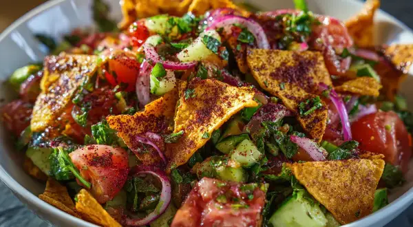 En härlig fattoush sallad med krispiga pitabröd, tomater, gurka, rödlök och färska örter, strödd med sumak.