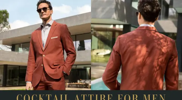 Mann in einem rostbraunen Anzug, perfekt für den **dresscode cocktail**. Stilvoll und modern, mit Sonnenbrille.
