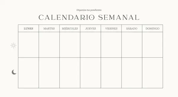Organiza tus pendientes con este calendario semanal. Lunes a domingo, listo para tus planes.