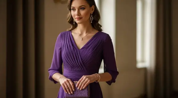Elegancka fioletowa sukienka na wesele, z marszczeniami i błyszczącą kopertówką.