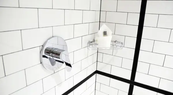 Coin de douche moderne avec robinetterie chromée et porte-savon. Idéal pour nettoyer la faience salle de bain.