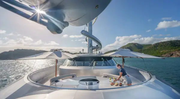Un membro dell'equipaggio prepara un rinfresco sul ponte del Maltese Falcon yacht, con il sole che splende sull'acqua cristallina.