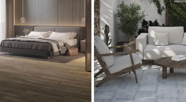 Chambre moderne avec sol imitation bois et terrasse avec un canapé blanc, un fauteuil en bois et un type de carrelage à motifs bleus.