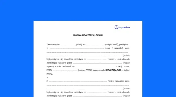 Formularz umowy użyczenia lokalu, zawierający pola do wpisania danych stron, daty i miejsca zawarcia umowy.