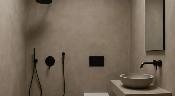 Baño moderno con paredes de microcemento, ducha negra, lavabo de piedra y espejo.