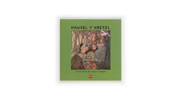Hansel y Gretel, dos niños perdidos en el bosque, miran con asombro una casa de dulces y un pájaro blanco.