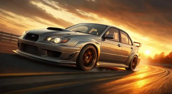 Coche deportivo plateado en una carretera al atardecer, con humo saliendo de las ruedas.