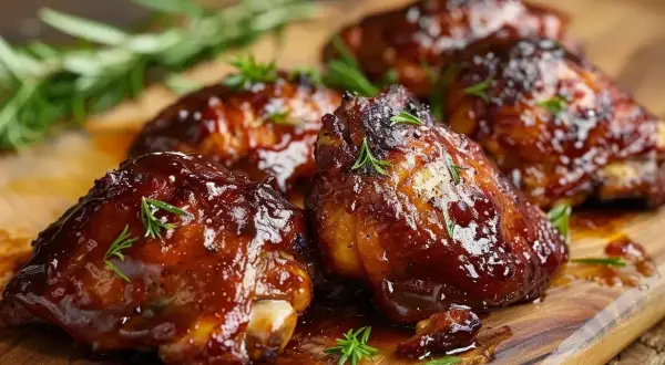 Saftiga, glaserade kycklingdelar med rosmarin på en träskärbräda. En härlig sticky chicken som ser otroligt god ut.