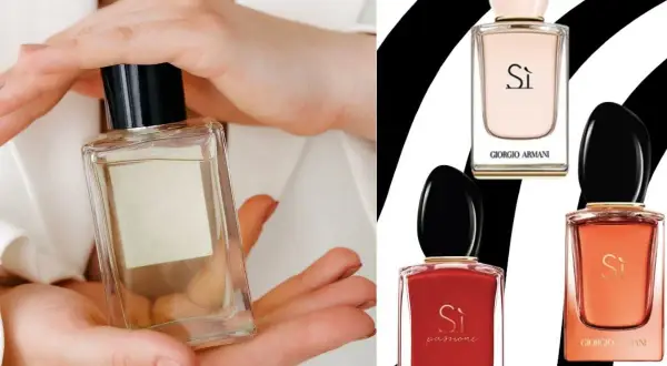 Dłonie trzymają flakonik perfum Giorgio Armani Si 100ml. Obok trzy inne flakony tej samej marki w różnych kolorach.