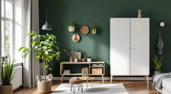 Ett mysigt vardagsrum med gröna väggar, en vit garderob och en trähylla med böcker och växter. En stor grön växt i en flätad korg. Kanske en inspiration för ett diy vas-projekt?