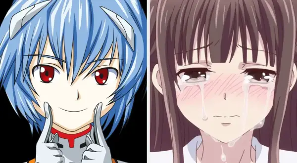 Dwie postacie z anime: jedna z niebieskimi włosami i czerwonymi oczami, druga płacząca. Jakim typem dere jesteś?
