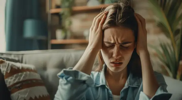 Kobieta z rękami na skroniach, cierpiąca z powodu bólu głowy, który może być jednym z objawów zespołu serotoninowego.