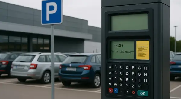 Parkomat z klawiaturą i ekranem wyświetlającym "Numer rejestracyjny" oraz instrukcję. W tle parking z samochodami i znak "P". To miejsce, gdzie dokonuje się wezwanie do zapłaty parking.
