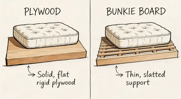 Illustration comparing a mattress on solid plywood, labeled "Solid, flat rigid plywood," to a mattress on a slatted bunkie board, labeled "Thin, slatted support." This may help with back pain.