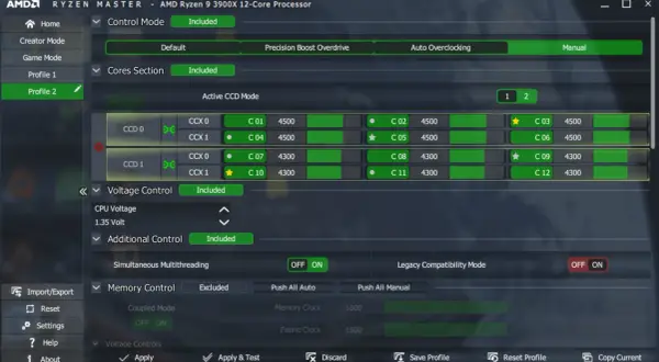 AMD Ryzen Master: try Precision Boost Overdrive for enhanced performance. Widok ustawień rdzeni procesora, napięcia i pamięci.