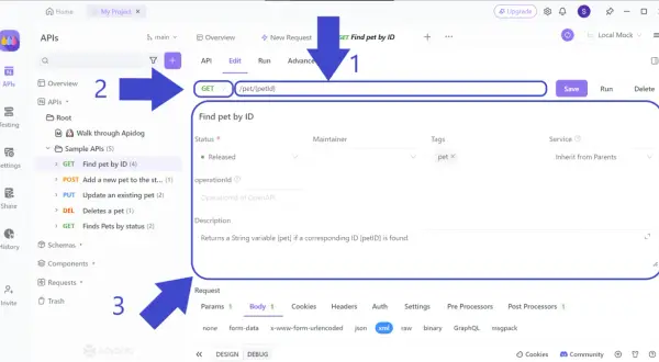 Interface de gestion des **endpoints API** : configuration d'une requête GET pour trouver un animal par son ID.