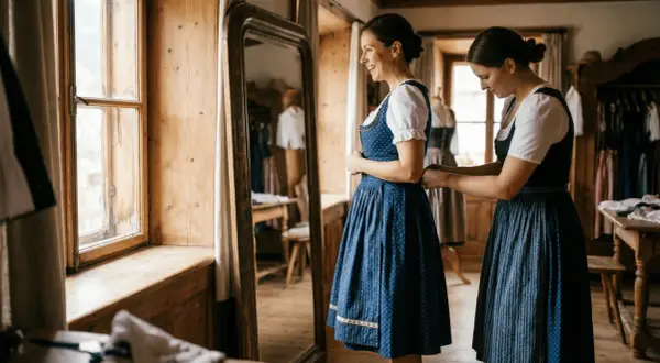 Eine Frau hilft einer anderen, ihr Dirndl zu schnüren. Sie stehen vor einem großen Spiegel in einem rustikalen Raum.