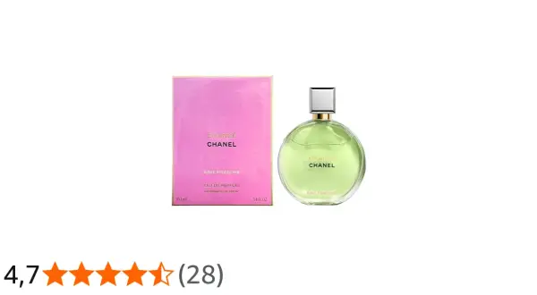 Chanel Chance Eau Fraiche w zielonej butelce obok różowego pudełka. Zapach dla kobiet.