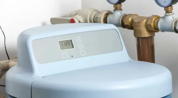 Un adoucisseur d'eau moderne, montrant le panneau de contrôle et les manomètres. Illustration du fonctionnement adoucisseur d'eau.