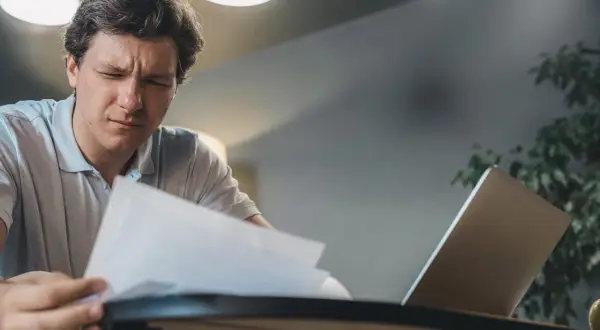 Mężczyzna zamyślony nad dokumentami, być może analizuje fakturę na osobę fizyczną. Obok laptop.
