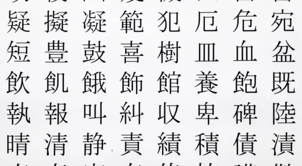 Wiele rzędów pięknych, czarnych **kanji** na białym tle.