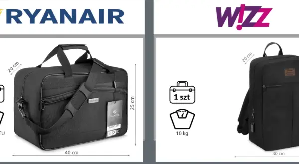 Torba podróżna na kółkach i plecak, idealne jako bagaż podręczny Ryanair. Wymiary i waga zgodne z wytycznymi linii lotniczych.
