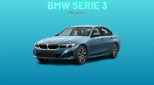 Sedán azul claro BMW Serie 3, un coche del segmento D, con el texto "BMW SERIE 3 SEGMENTO D" en la parte superior.