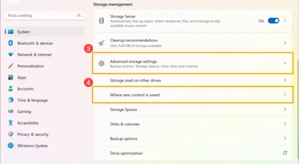 Ustawienia systemu Windows 11: zaawansowane opcje zarządzania dyskiem, czyszczenie dysku i miejsca zapisu.