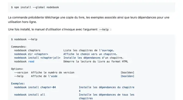 Commandes pour utiliser le module npm nodebook : installation, aide, et exemples d'utilisation.