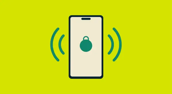 Telefon z ikoną blokady i falami sygnału, symbolizujący bezpieczny wifi hotspot.