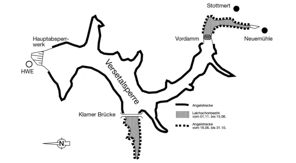 Karte der Versetalsperre im Sauerland mit Angelstrecken und Schonzeiten.