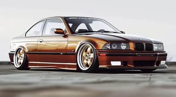 Złote felgi i brązowy lakier tego klasycznego e36 bmw podkreślają jego sportowy charakter.