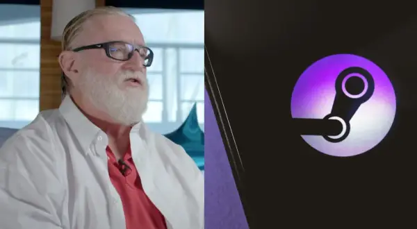 Gaben, twórca Steam, w białej koszuli i czerwonej koszulce, obok logo Steam.