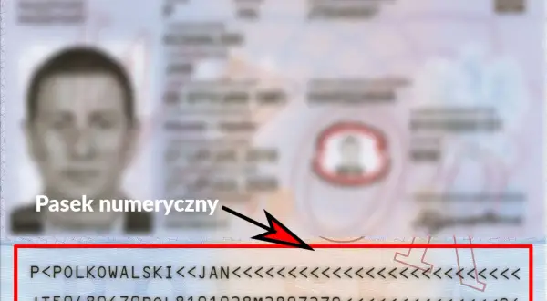 Pasek numeryczny dokumentu tożsamości, zawierający dane jak nazwisko, imię i numer paszportu, niezbędne do uzyskania wizy.