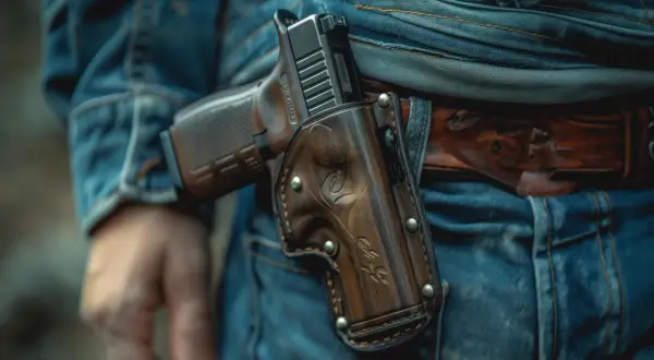 Pistolet w skórzanej kaburze na pasie, na tle dżinsów.